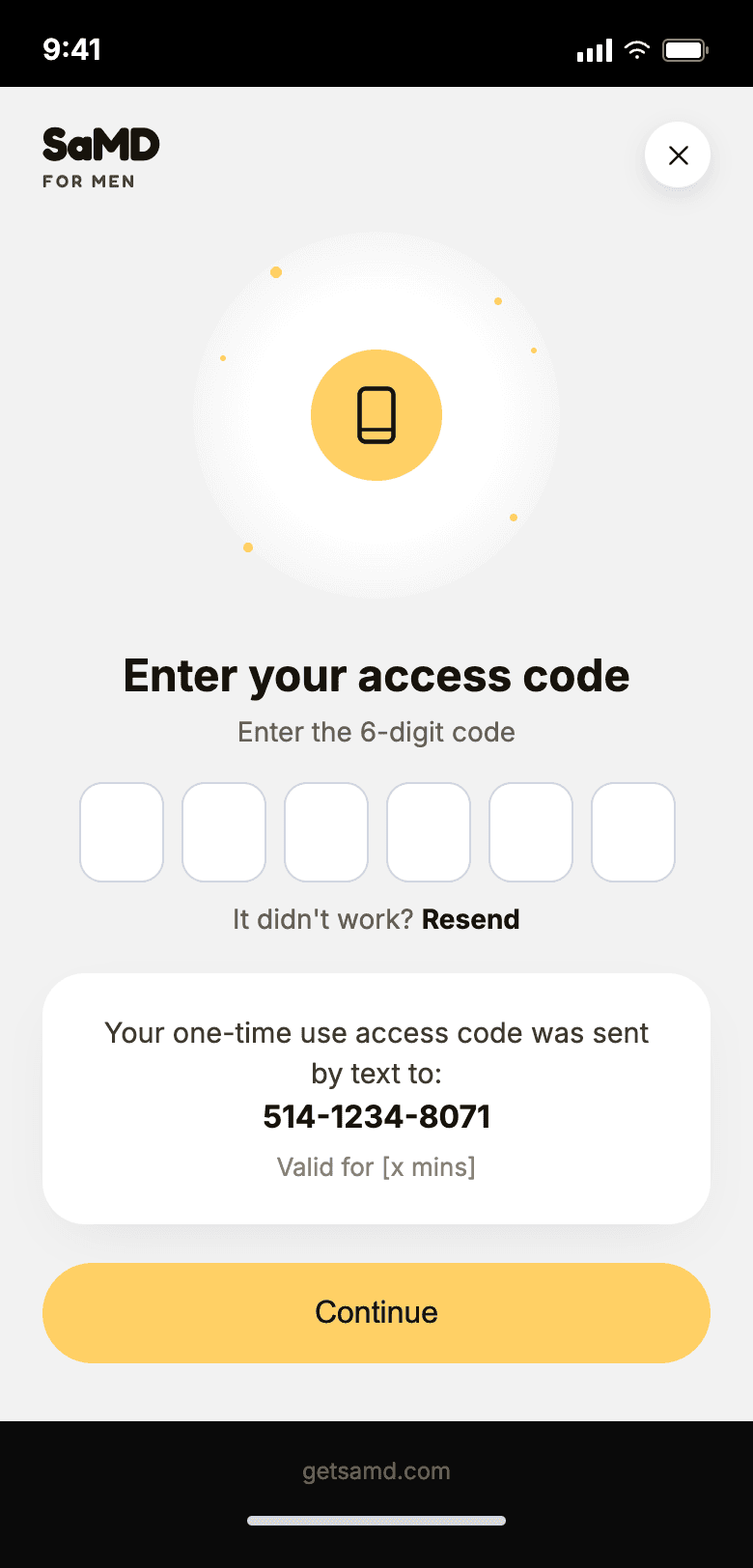SaMD one-time access code entry screen with six-digit input