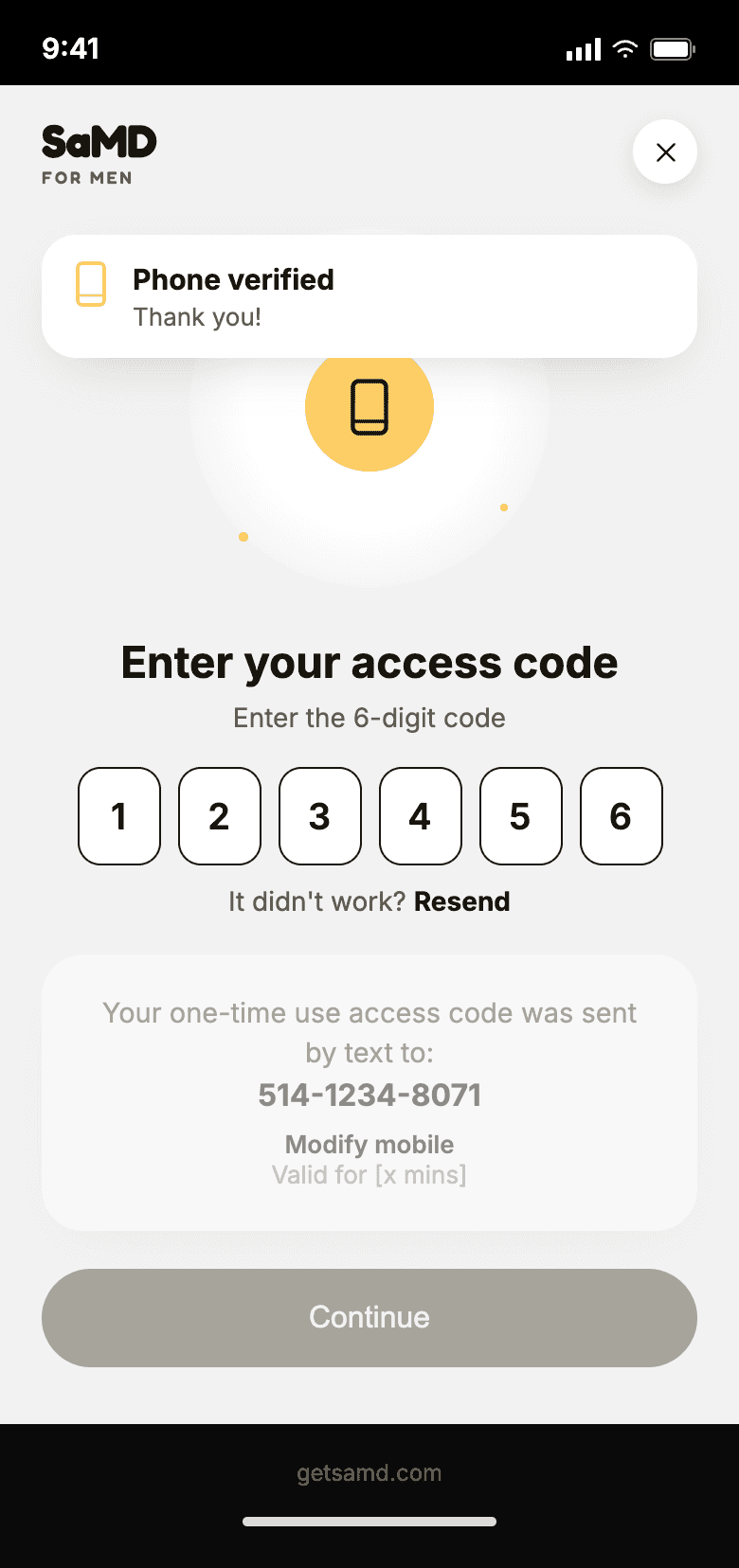 SaMD phone verified confirmation toast with completed access code entry