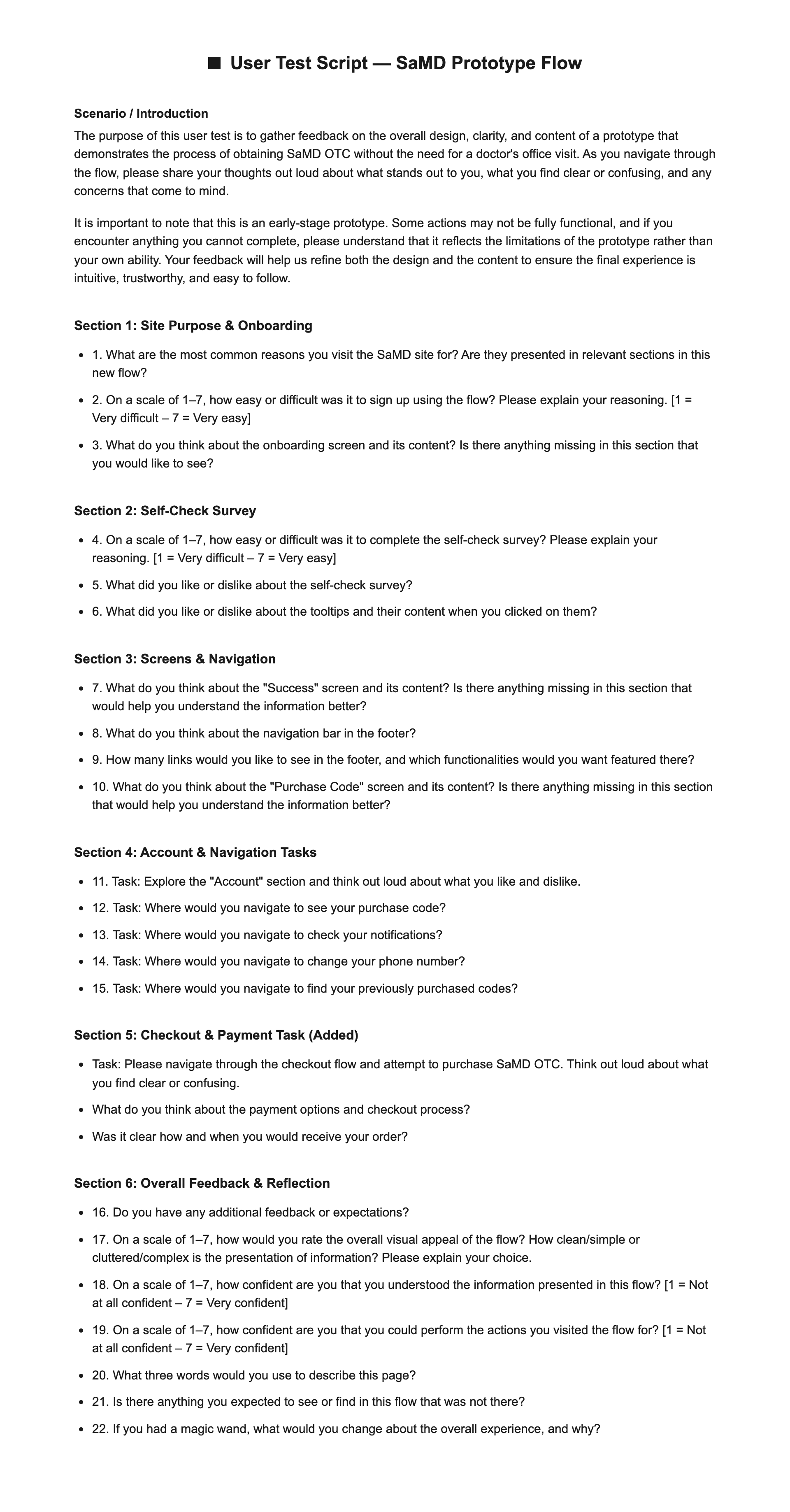 Moderated usability test script covering onboarding, the self-check survey, screens and navigation, account tasks, and checkout