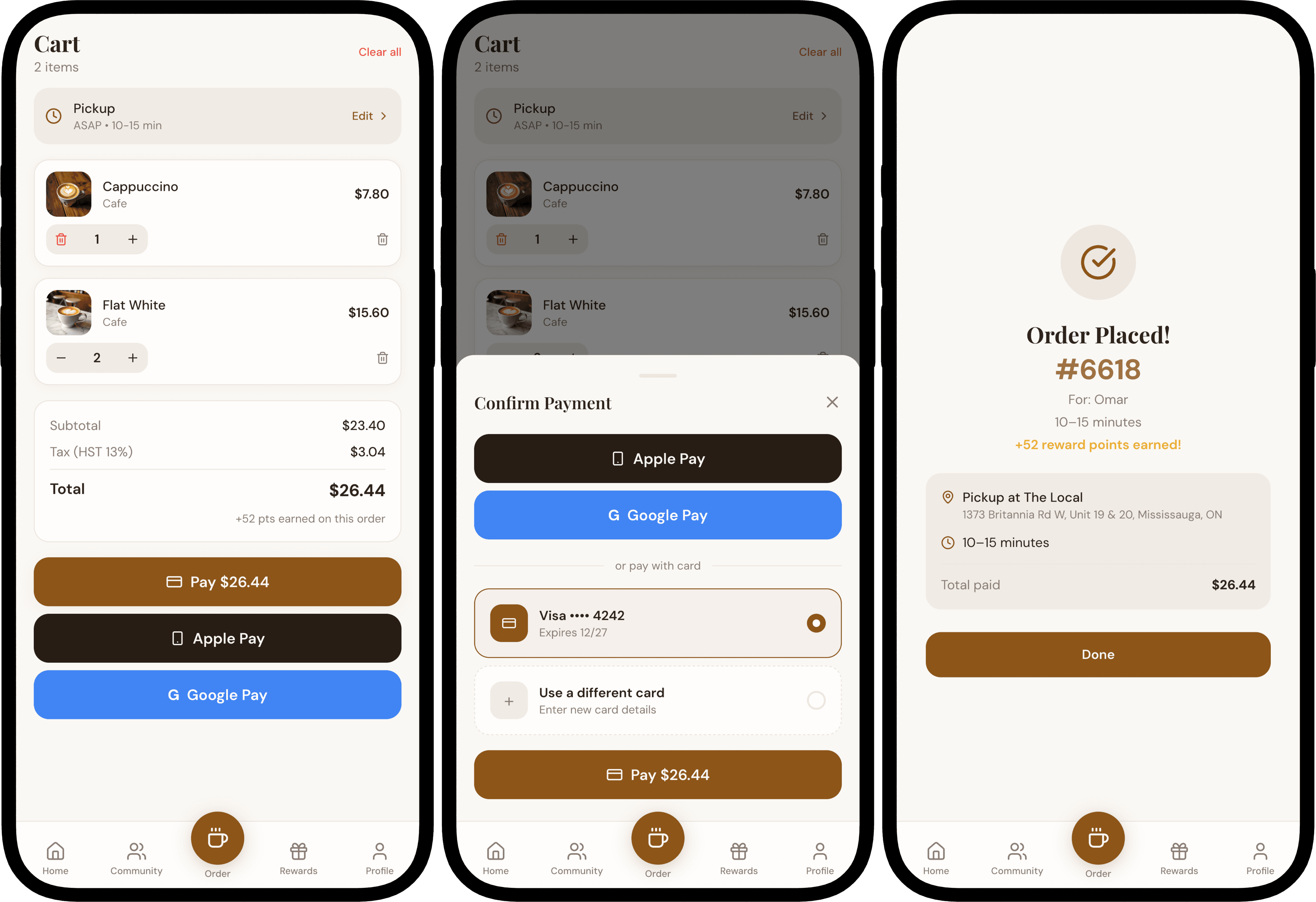 The Local app: cart and checkout screen