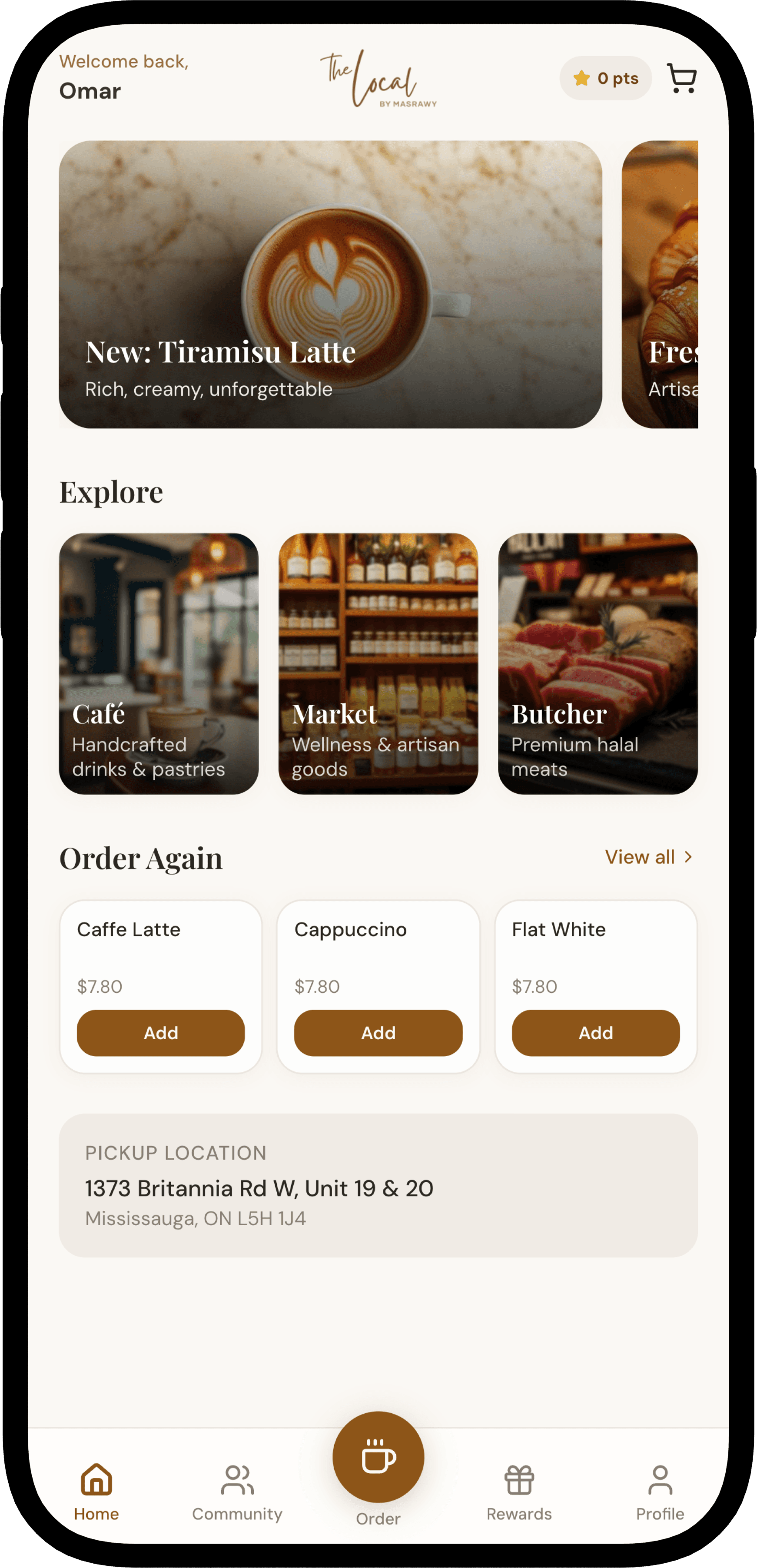 The Local app: home screen with points and recent orders