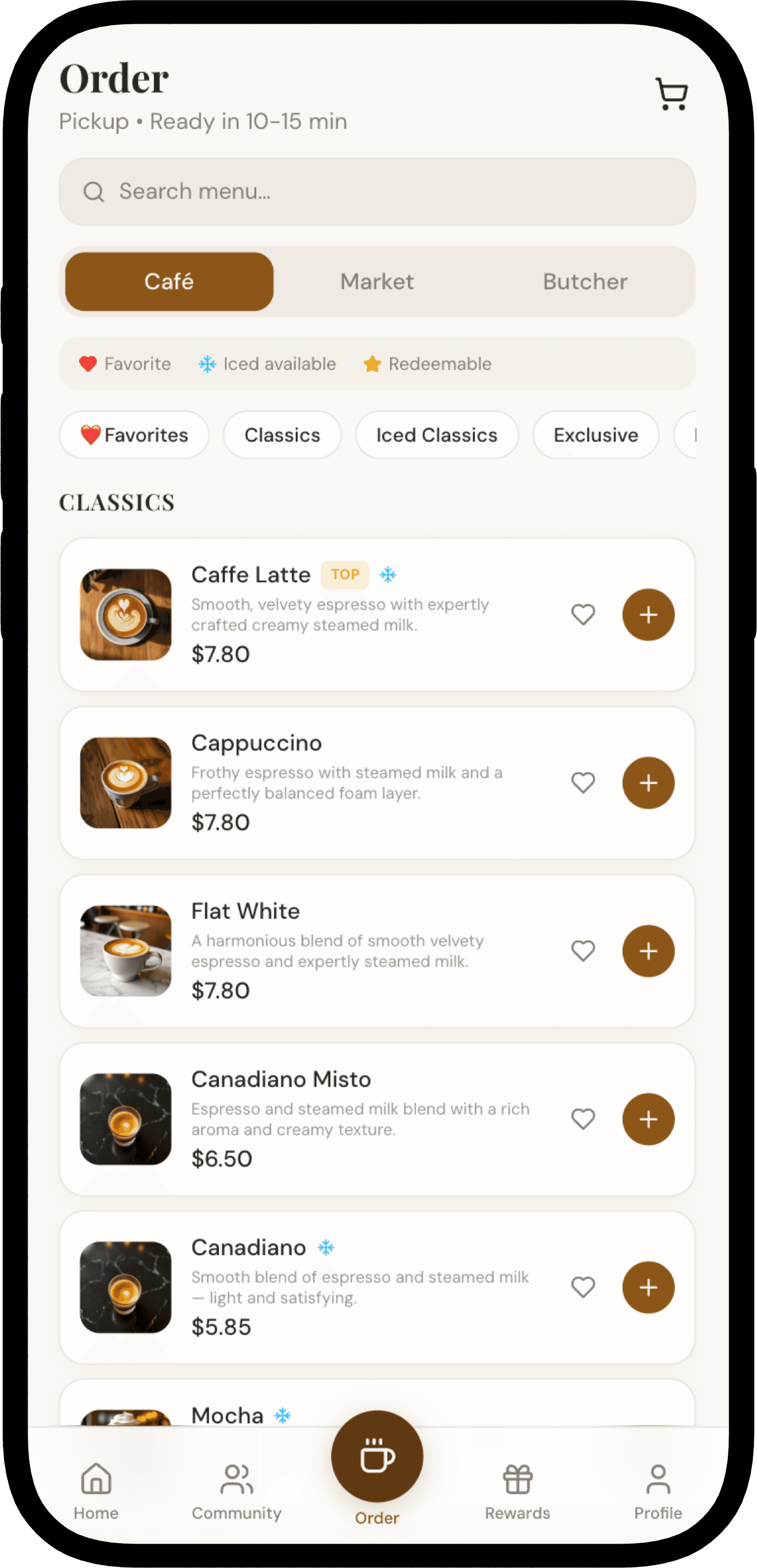 The Local app: order screen with menu tabs
