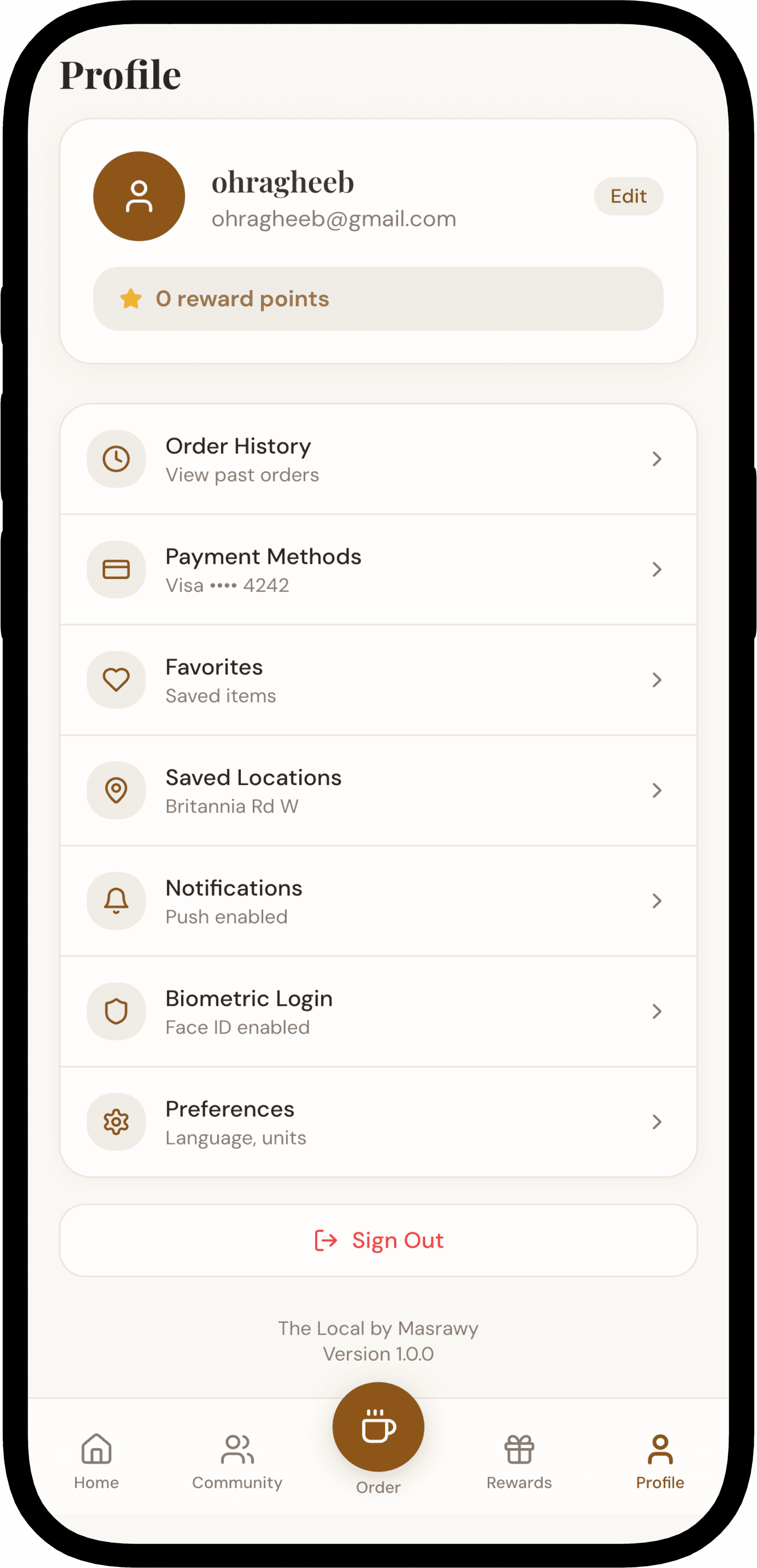 The Local app: profile and order history screen