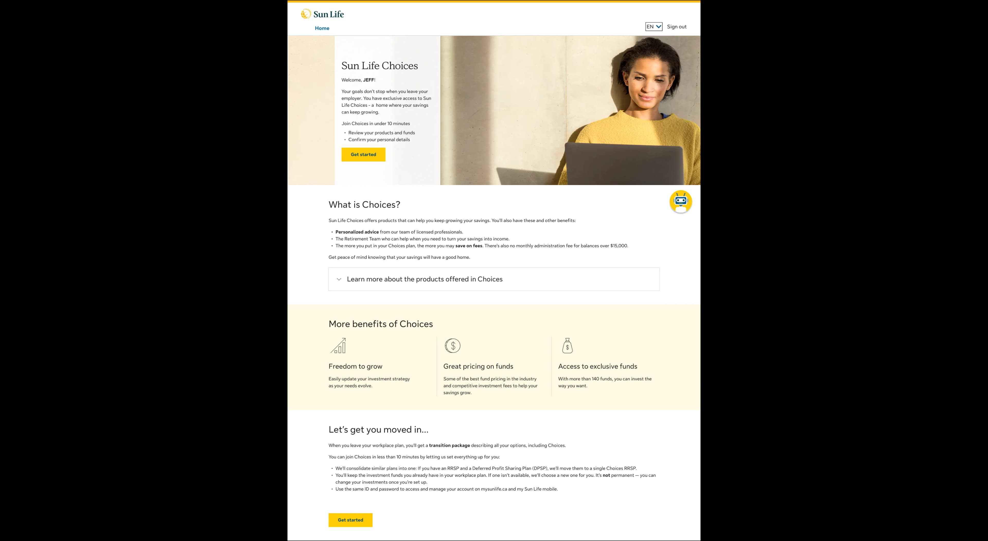 Redesigned Choices Wealth Transfer landing page, desktop view