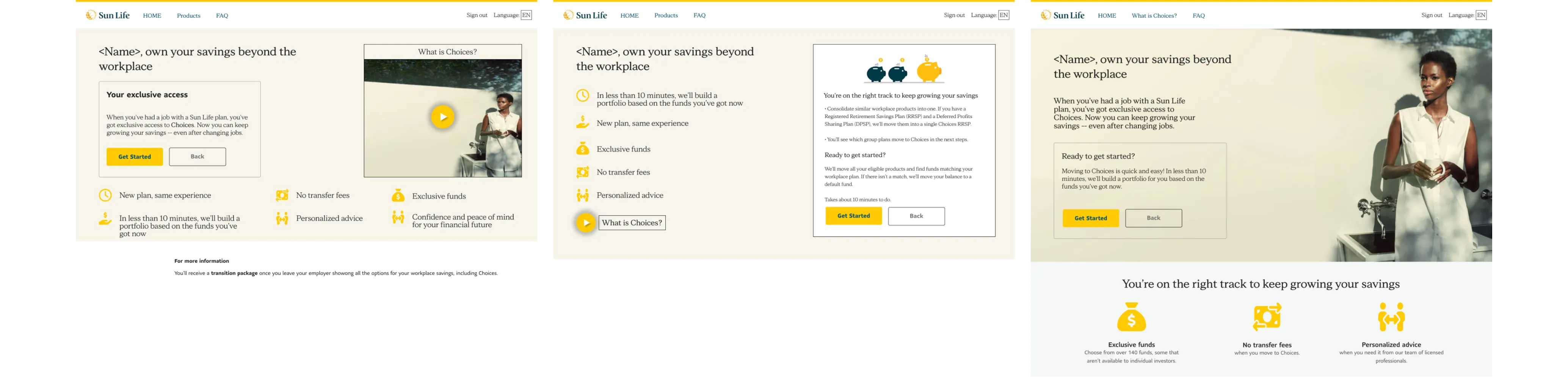A/B test variants A, B, and C for the Choices Wealth Transfer landing page redesign
