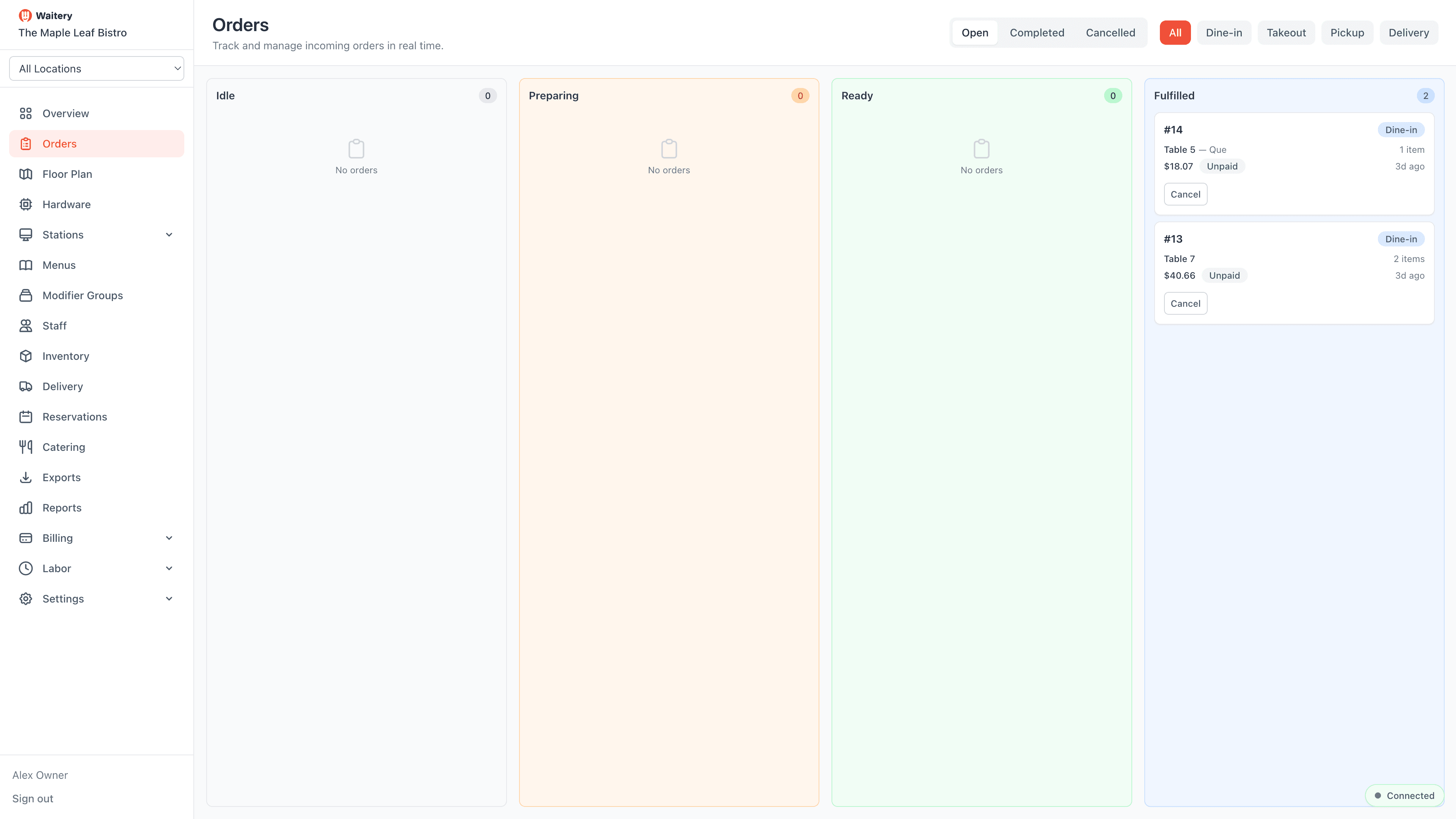 Restaurant Panel: live orders view