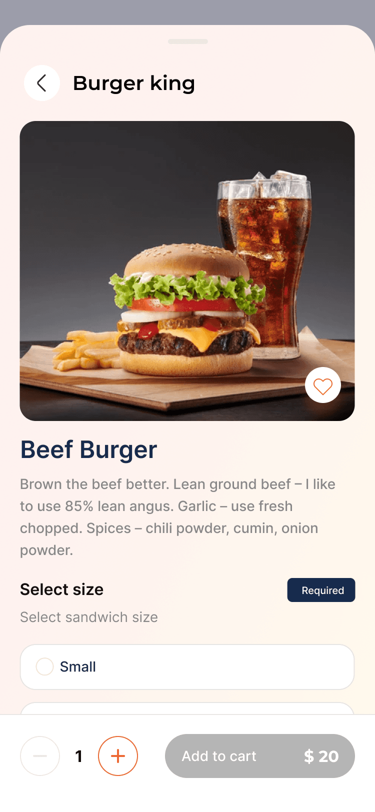 Old customer app: ordering screen 1