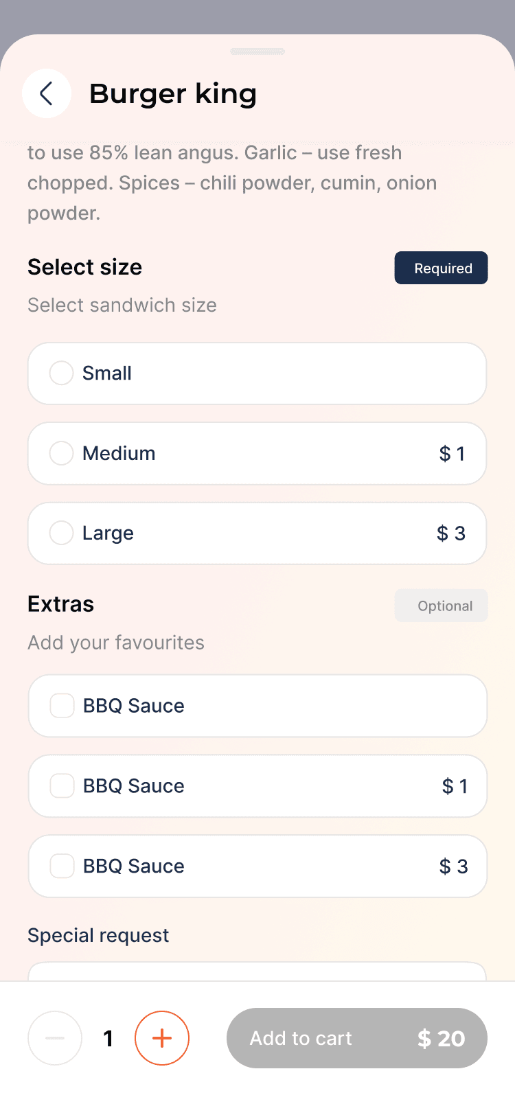 Old customer app: ordering screen 2