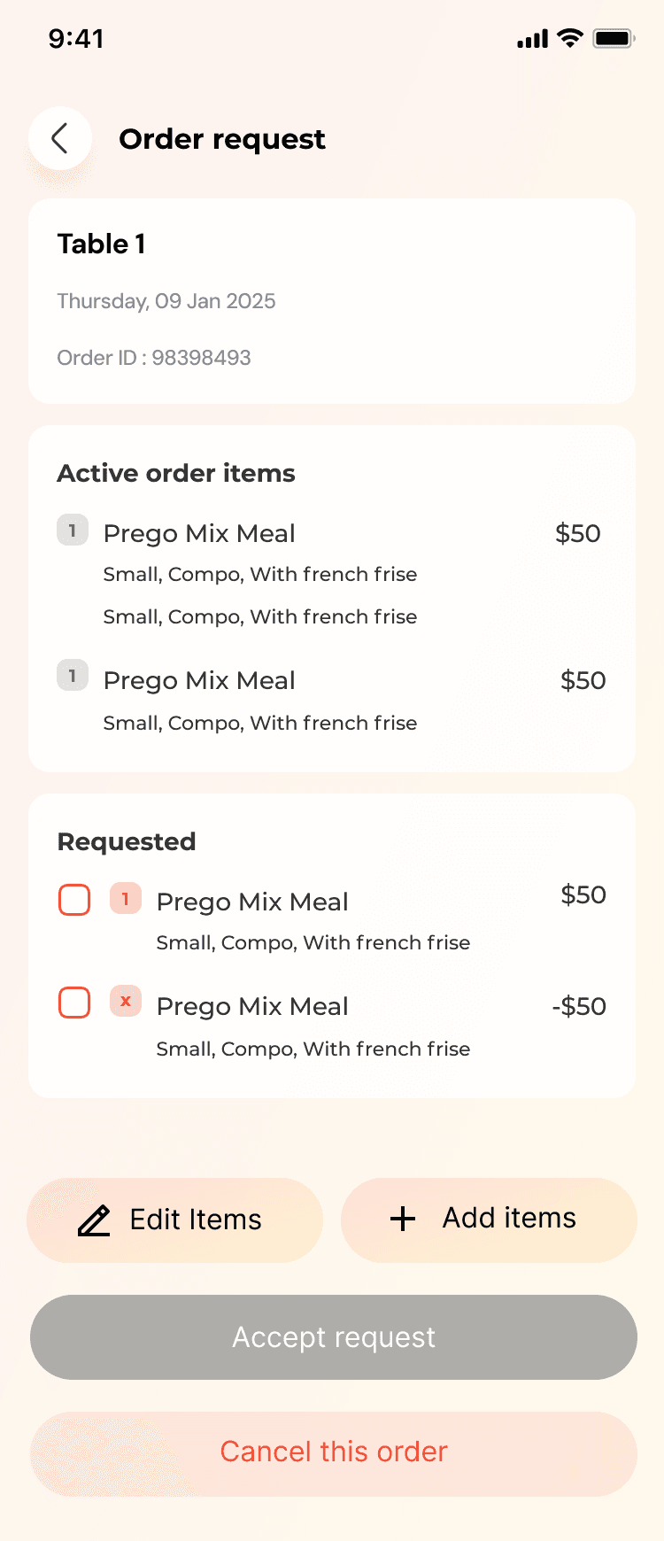 Old waiter app: ordering screen 3