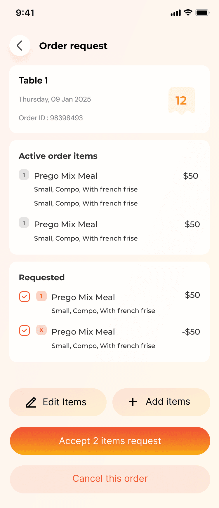 Old waiter app: ordering screen 4